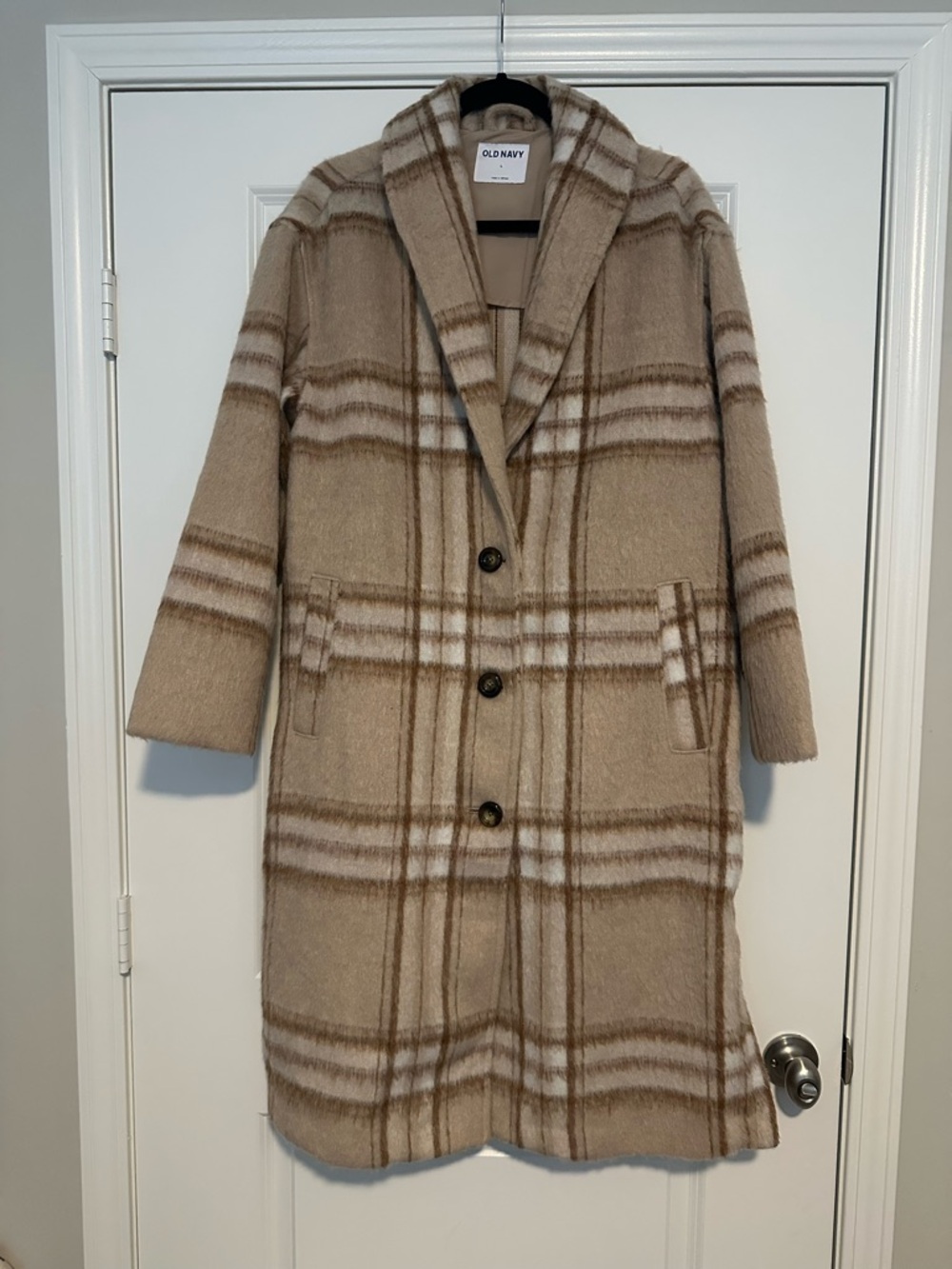 Old Navy Tan and Cream Plaid Long Coat